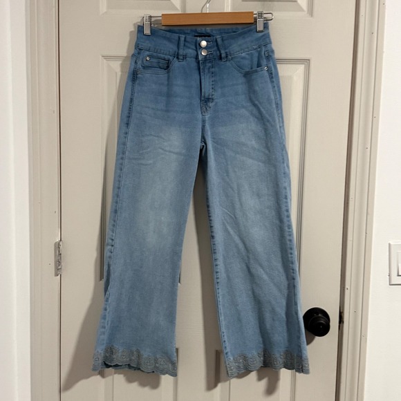 Curve Appeal Denim - Curve Appeal Wide Leg Jeans Womens 4/27 Blue High Rise Embroidered Boho Cottage